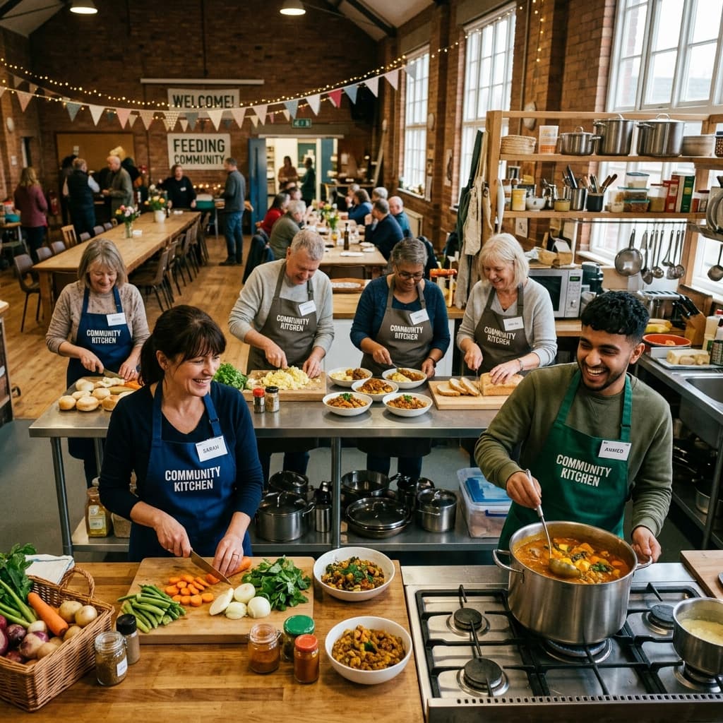 Volunteers in a warm, inviting UK community kitchen cooking and preparing food together.
