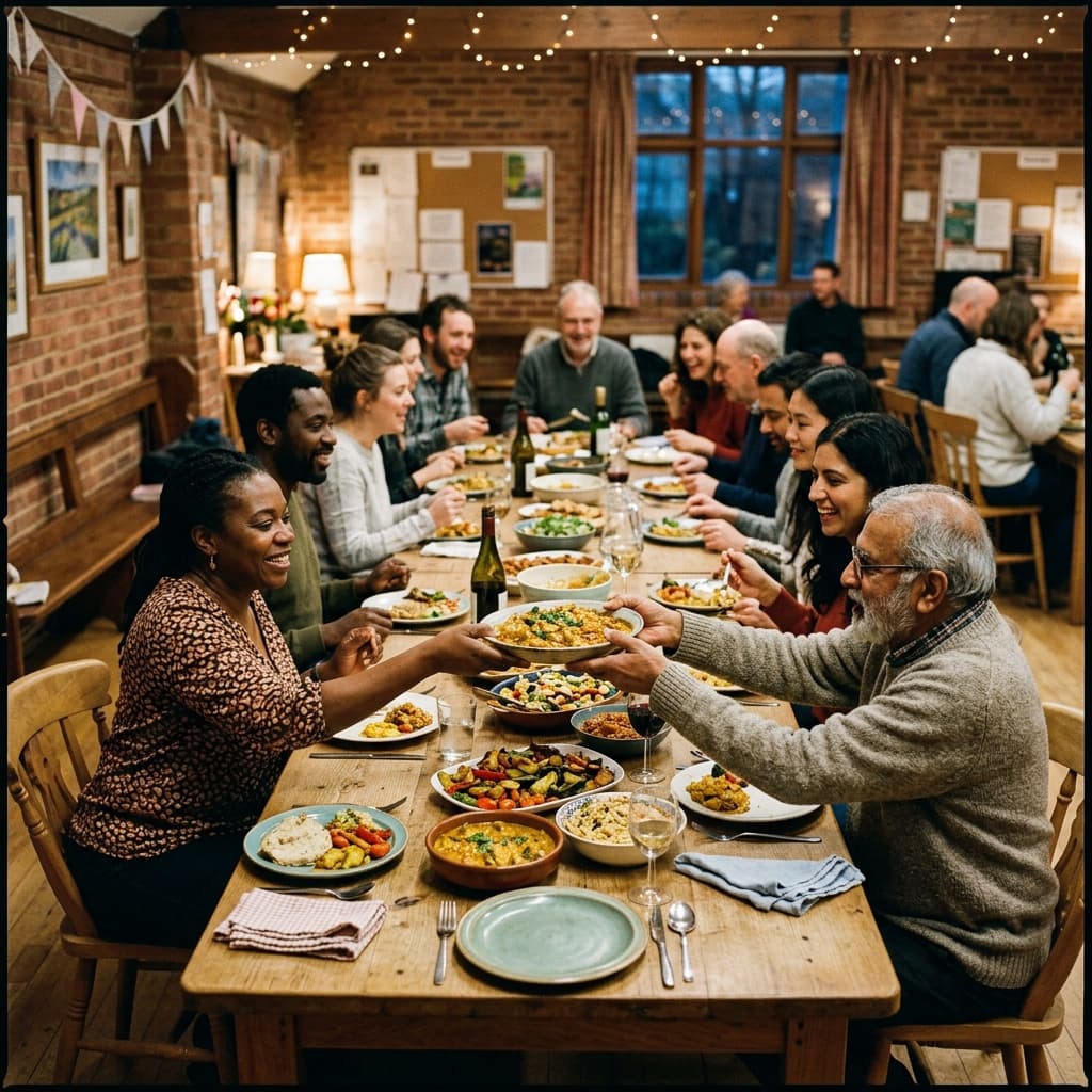 A warm community meal with diverse people sharing food around a rustic wooden table under string lights.